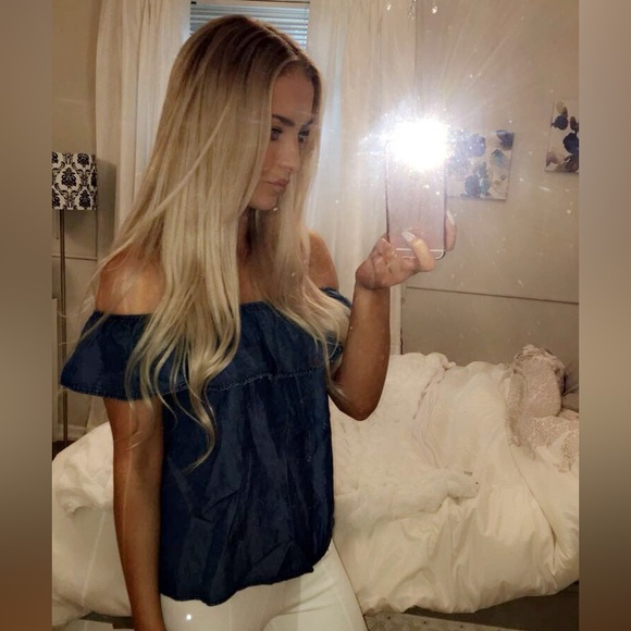 FOREVER 21 - Denim-like Off-the-shoulder Shirt (size small) - Picture 2 of 10